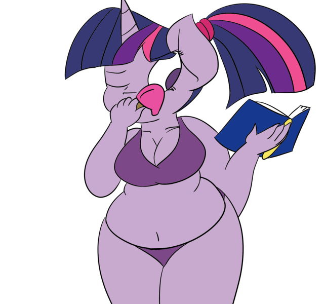 Size: 1600x1500 | Tagged: suggestive, artist:perlast, derpibooru import, twilight sparkle, anthro, alternate hairstyle, belly button, bikini, book, bra, breasts, chubby, cleavage, clothes, crop top bra, fat, female, ice cream, muffin top, panties, plump, purple underwear, reading, simple background, slip, solo, solo female, swimsuit, thighlight sparkle, transparent background, twilard sparkle, underwear, wide hips, wink