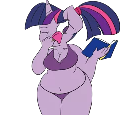 Size: 1600x1500 | Tagged: suggestive, artist:perlast, derpibooru import, twilight sparkle, anthro, alternate hairstyle, belly button, bikini, book, bra, breasts, chubby, cleavage, clothes, crop top bra, fat, female, ice cream, muffin top, panties, plump, purple underwear, reading, simple background, slip, solo, solo female, swimsuit, thighlight sparkle, transparent background, twilard sparkle, underwear, wide hips, wink