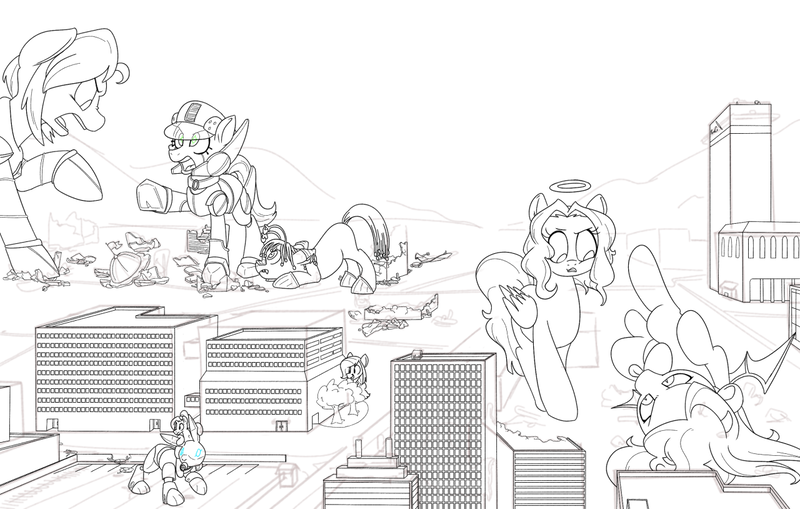 Size: 1280x814 | Tagged: argument, artist:goat train, city, derpibooru import, destruction, hide and seek, lineart, macro, monochrome, oc, oc:alloy, oc:cumulonimbus, oc:orchid, oc:p.o.n.e., oc:saltlick, oc:sequoia, oc:sugarcube, oc:ultramare, robot, safe, size difference, unofficial characters only, wip