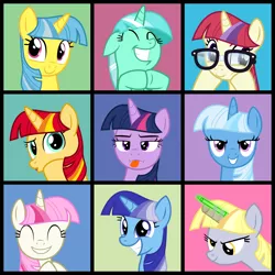 Size: 3040x3040 | Tagged: safe, artist:cheezedoodle96, derpibooru import, derpy hooves, lemon hearts, lyra heartstrings, minuette, moondancer, sunset shimmer, trixie, twilight sparkle, twinkleshine, pegasus, pony, unicorn, .svg available, :d, :i, :p, adorableshine, alternate hairstyle, bangs, bedroom eyes, c:, canterlot six, counterparts, cute, dancerbetes, duckface, eyes closed, fake horn, female, frown, glare, glasses, glowstick, grin, gritted teeth, happy, hilarious in hindsight, hime cut, lemonbetes, lidded eyes, looking at you, lyrabetes, magical quartet, magical trio, mare, minubetes, pose, raised eyebrow, simple background, smiling, smirk, squee, svg, the brady bunch, the twily bunch, toilet paper roll, toilet paper roll horn, tongue out, twilight's counterparts, unicorn master race, vector, wall of tags, weapons-grade cute