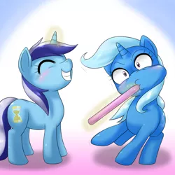 Size: 1000x1000 | Tagged: safe, artist:ushiro no kukan, derpibooru import, minuette, trixie, pony, unicorn, brushing teeth, female, magic, mare, toothbrush