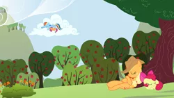 Size: 2500x1406 | Tagged: afternoon, apple bloom, applejack, artist:mzx-90, break, cloud, cloudy, derpibooru import, nap, naptime, pause, rainbow dash, safe, scenery, scootaloo, sister, sleeping, wallpaper