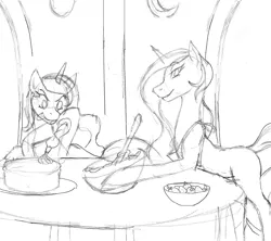 Size: 2444x2175 | Tagged: artist:nauth, baking, cake, castle of the royal pony sisters, derpibooru import, monochrome, princess celestia, princess luna, safe