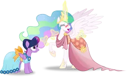 Size: 5003x3060 | Tagged: safe, artist:vector-brony, derpibooru import, princess celestia, twilight sparkle, twilight sparkle (alicorn), alicorn, pony, absurd resolution, clothes, dress, drunk, drunklestia, female, gala dress, mare, martini, simple background, transparent background, vector