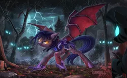 Size: 2680x1648 | Tagged: semi-grimdark, artist:yakovlev-vad, derpibooru import, bat pony, pony, zebra, armor, badass, blood, fangs, female, forest, glowing eyes, gritted teeth, hoof blades, injured, lighting, male, mare, night, night guard, rain, royal guard, scenery, scratches, slit eyes, spread wings, stallion, storm, surrounded, weapon