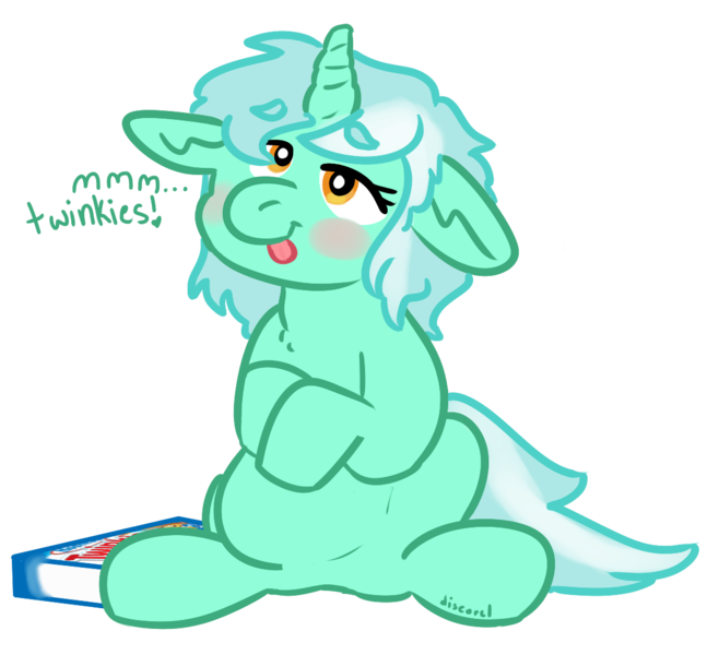 Size: 1131x1049 | Tagged: artist:discorcl, big belly, chubby, derpibooru import, floppy ears, lyra heartstrings, safe, stuffed, twinkies