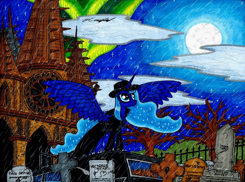 Size: 2251x1677 | Tagged: safe, artist:urbancowboy117, derpibooru import, princess luna, alicorn, pony, aurora borealis, car, cemetery, church, clothes, coat, full moon, goth, gothic, graveyard, hat, hearse, longcoat, markers, moon, night, rain, solo, traditional art, trenchcoat