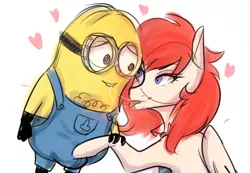 Size: 1280x887 | Tagged: artist needed, suggestive, derpibooru import, oc, oc:bailey, unofficial characters only, pegasus, pony, colored, crossover, crotch bulge, despicable me, drool, drool string, female, heart, hug, kissing, mare, meme, minion, spit, tongue out, why