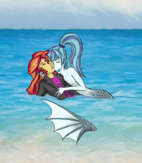 Size: 500x572 | Tagged: questionable, artist:charoitethorn, derpibooru import, sonata dusk, sunset shimmer, mermaid, equestria girls, beach, breasts, female, kissing, lesbian, mermaid lovers, mermaidized, nipples, nudity, ocean, sirens doing siren things, species swap, sunata