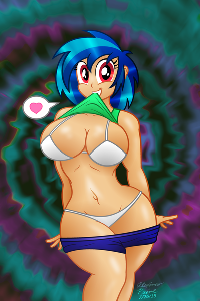 Size: 2000x3000 | Tagged: artist:aleximusprime, belly button, big breasts, bra, breasts, busty vinyl scratch, cleavage, clothes, derpibooru import, female, heart, hourglass figure, human, humanized, panties, pants down, pinup, shirt lift, solo, solo female, suggestive, underwear, undressing, vinyl scratch, white underwear, wide hips, wrong eye color