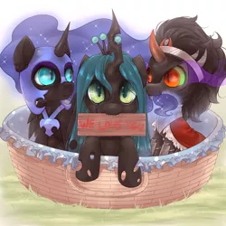 Size: 6000x6000 | Tagged: safe, artist:missangest, derpibooru import, king sombra, nightmare moon, queen chrysalis, alicorn, changeling, changeling queen, pony, unicorn, absurd resolution, adoption, antagonist, basket, chibi, chwisalis, colt, colt sombra, cute, cutealis, dark magic, english, eye contact, fangs, female, filly, horn, leaning, looking at you, looking back, magic, male, moonabetes, mouth hold, nightmare woon, nom, sign, smiling, sombra eyes, sombradorable, tail bite, younger