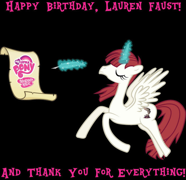 Size: 640x622 | Tagged: birthday, derpibooru import, happy birthday lauren faust, lauren faust, my little pony logo, oc, oc:fausticorn, ponified, safe, solo, unofficial characters only