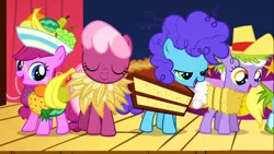 Size: 1366x768 | Tagged: blueberry swirl, cheerilee, clothes, costume, cotton top, derpibooru import, filly, food costume, fruitbasket, safe, screencap, the cutie mark chronicles, younger