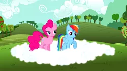 Size: 1280x720 | Tagged: cloud, cloudy, derpibooru import, fog, grin, lidded eyes, out of context, pinkie pie, rainbow dash, raised hoof, safe, screencap, smiling, too many pinkie pies