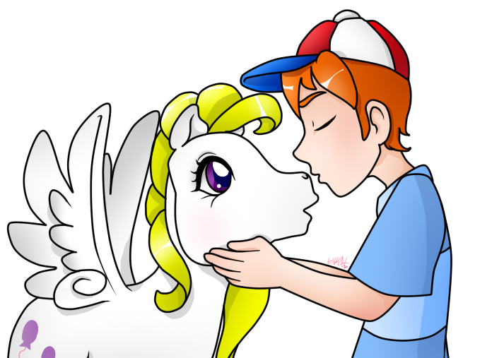 Size: 713x507 | Tagged: artist:prettywitchdoremi, blushing, dannyprise, danny williams, derpibooru import, female, g1, interspecies, kissing, male, nose kiss, safe, shipping, straight, surprise, wingboner
