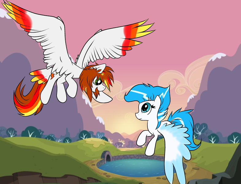 Size: 3000x2291 | Tagged: safe, artist:bravefleet, derpibooru import, oc, oc:brave dash, oc:shimmering shield, unofficial characters only, pegasus, pony, flying, large wings, tail feathers