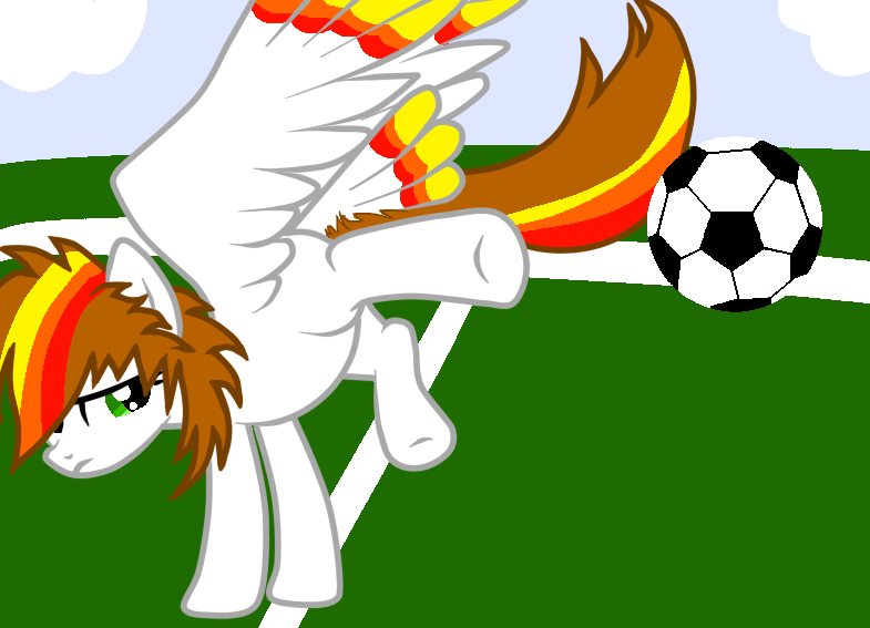 Size: 785x567 | Tagged: safe, artist:bravefleet, derpibooru import, oc, oc:brave dash, unofficial characters only, pegasus, pony, football, kicking, sports, tail feathers