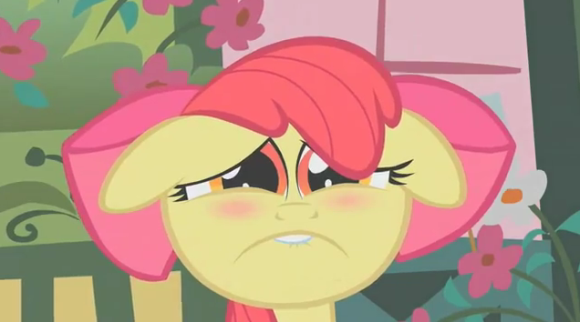 Size: 636x354 | Tagged: apple bloom, blushing, bucktooth, call of the cutie, derpibooru import, floppy ears, lip bite, sad, sad face, safe, screencap, season 1