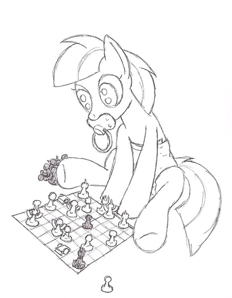 Size: 700x900 | Tagged: adult foal, artist:datspaniard, chess, derpibooru import, diaper, diaper fetish, monochrome, oc, oc:logical heart, pacifier, questionable, unofficial characters only