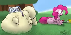 Size: 1280x635 | Tagged: safe, artist:the-furry-railfan, derpibooru import, pinkie pie, rarity, earth pony, pony, unicorn, air tank, big belly, broken, clothes, forest, hazmat suit, imminent explosion, inflation, omg, outdoors, rariblimp, shocked, surprised, this will end in tears, valve