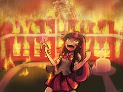 Size: 1000x750 | Tagged: grimdark, artist:lumineko, derpibooru import, twilight sparkle, twilight sparkle (alicorn), equestria girls, arson, bad end, big crown thingy, blood, building, burning, canterlot high, carrie, clothes, crown, dementia, destruction, element of magic, evil, evil laugh, evil twilight, female, fire, harsher in hindsight, insanity, jewelry, laughing, messy mane, on fire, open mouth, pixiv, pyromaniac, rain, regalia, revenge, skirt, smiling, solo, some mares just want to watch the world burn, some men just want to watch the world burn, statue, this ended in fire, twilight snapple, wide eyes