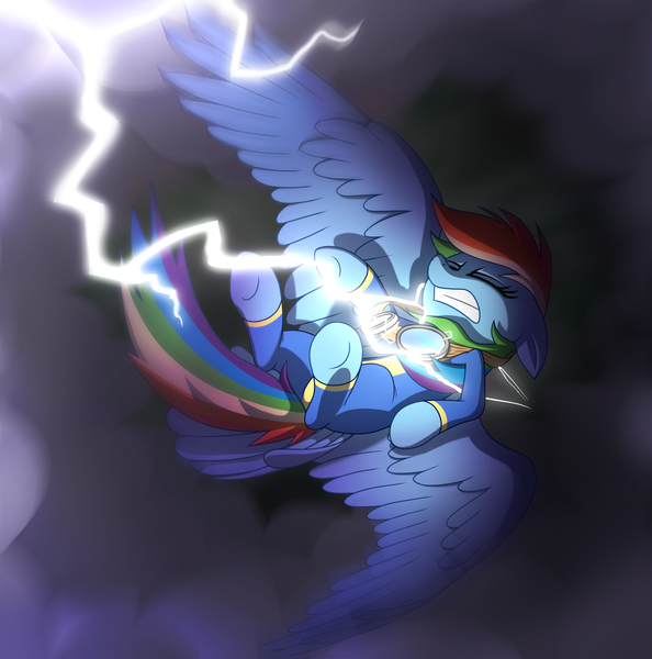 Size: 3894x3936 | Tagged: safe, artist:wingedwolf94, deleted from derpibooru, derpibooru import, rainbow dash, pegasus, pony, eyes closed, falling, female, flying, goggles, large wings, lightning, mare, solo, storm, tail feathers, wings, wonderbolts uniform