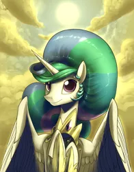 Size: 1260x1604 | Tagged: safe, artist:valcron, derpibooru import, princess celestia, alicorn, pony, alternate hairstyle, bust, cute, cutelestia, looking at you, portrait, sky, smiling, solo, sun