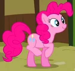 Size: 562x526 | Tagged: safe, derpibooru import, screencap, pinkie pie, earth pony, pony, too many pinkie pies, cropped, cute, diapinkes, female, mare, nose wrinkle, ponk, raised hoof, raised leg, scrunchy face, solo