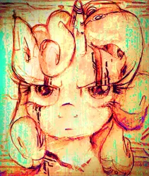 Size: 2185x2591 | Tagged: acid, artist:gezawatt, colored, dark, derpibooru import, glitch, safe, sweetie belle, sweetie bot, traditional art