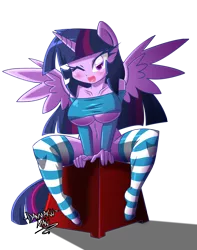 Size: 2360x3000 | Tagged: ambiguous facial structure, anthro, artist:danmakuman, belly button, bottomless, breasts, busty twilight sparkle, clothes, derpibooru import, female, looking at you, nudity, open mouth, socks, solo, solo female, spread wings, stockings, striped socks, suggestive, twilight sparkle, twilight sparkle (alicorn), underboob, wink