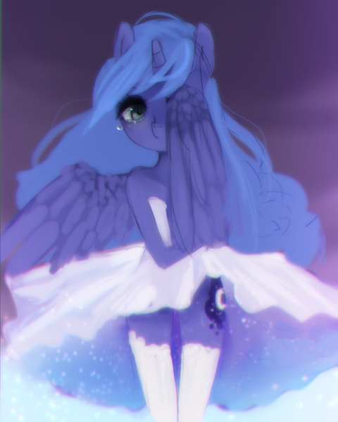 Size: 1280x1600 | Tagged: anthro, artist:marinakirby, bare shoulders, chromatic aberration, clothes, crying, cute, derpibooru import, dress, hiding, lunabetes, princess luna, s1 luna, safe, solo, stockings