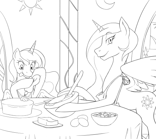 Size: 540x481 | Tagged: artist:nauth, birthday, cake, castle of the royal pony sisters, derpibooru import, lauren faust, monochrome, princess celestia, princess luna, safe