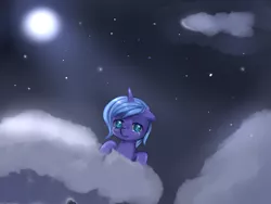 Size: 1024x768 | Tagged: artist needed, cloud, cloudy, crying, derpibooru import, filly, pixiv, princess luna, safe, solo, woona