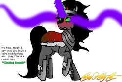 Size: 1500x1000 | Tagged: artist:chingkittycat, blushing, cute, derpibooru import, descriptive noise, dialogue, embarrassed, king sombra, male, meme, shy, solo, solo male, sombradorable, sombra's cape, suggestive