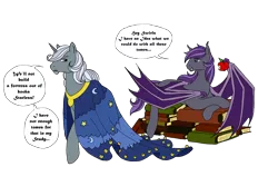 Size: 3485x2460 | Tagged: safe, artist:westphalianartist, derpibooru import, star swirl the bearded, oc, oc:starless night, bat pony, pony, unicorn, apple, book, book fort, cape, claw, cloak, clothes, comic, dracula, duo, eating, male, stallion, starswirl the unbearded, tomes, wings, younger, youth