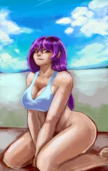 Size: 2100x3300 | Tagged: arm boob squeeze, artist:checkerboardazn, bikini, bikini top, bottomless, breasts, busty rarity, cleavage, clothes, derpibooru import, female, human, humanized, kneeling, rarity, seductive pose, sexy, solo, stupid sexy rarity, suggestive, swimsuit