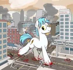 Size: 2212x2104 | Tagged: grimdark, artist:rapidstrike, derpibooru import, oc, oc:snap feather, unofficial characters only, human, pony, abusive pony, blood, building, car, city, commission, crush fetish, crushing, death, destruction, giant pony, high res, loss (meme), macro, people, rampage, size difference, stomping, street, train