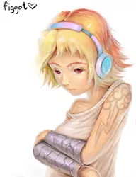 Size: 534x694 | Tagged: artist:figgot, bracer, derpibooru import, headphones, human, humanized, natural hair color, rainbow dash, safe, solo, tattoo