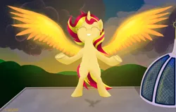 Size: 5500x3500 | Tagged: safe, artist:darkdrium777, derpibooru import, sunset shimmer, pony, my past is not today, belly button, bipedal, both cutie marks, cloud, cloudy, fiery shimmer, grin, happy, magic, rooftop, smiling, solo, sunset, sunset phoenix, wings