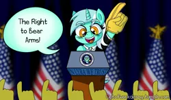 Size: 1280x748 | Tagged: safe, artist:outofworkderpy, derpibooru import, lyra heartstrings, pony, unicorn, american flag, arms, bear arms, bipedal, clothes, female, foam finger, in lyra we trust, mare, necktie, podium, president, pun, solo, stage, suit, united states