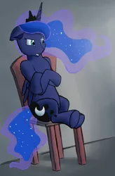 Size: 889x1354 | Tagged: safe, artist:ritorical, derpibooru import, princess luna, crossed arms, interrogation, sitting, solo