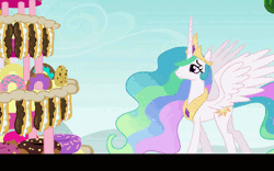Size: 864x540 | Tagged: safe, derpibooru import, edit, screencap, pinkie pie, princess celestia, twilight sparkle, pony, mmmystery on the friendship express, animated, bipedal, cake, cakelestia, caption, color banding, cute, cutelestia, donut, eclair, eyes on the prize, floppy ears, frown, glare, good end, grin, levitation, licking lips, magic, marzipan mascarpone meringue madness, open mouth, plate, smiling, spread wings, subtitles, talking, telekinesis, text, tongue out, waving, wide eyes
