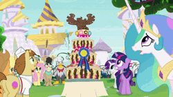 Size: 1152x648 | Tagged: safe, derpibooru import, screencap, applejack, donut joe, fluttershy, gustave le grande, mulia mild, pinkie pie, princess celestia, rarity, twilight sparkle, donkey, gryphon, mmmystery on the friendship express, animated, animation error, belly, bloated, blue ribbon, bouncing, cake, canterlot, color banding, cute, dive bomb, diving, donut, eating, eclair, fat, marzipan mascarpone meringue madness, mousse moose, open mouth, piggy pie, pinkie being pinkie, plate, plot, pudgy pie, shocked, sin of gluttony, smiling, spread wings, stare, stuffed, this will end in tummy aches, tongue out, tower, waving, weight gain, wow pinkie
