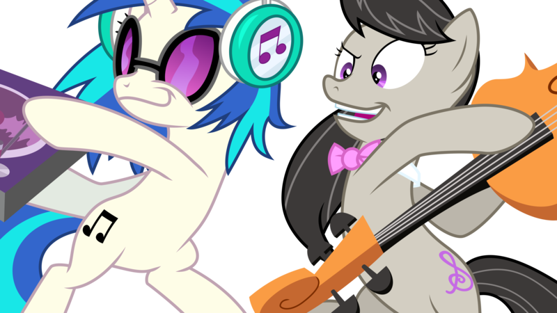 Size: 8897x5004 | Tagged: safe, artist:byteslice, derpibooru import, octavia melody, vinyl scratch, earth pony, pony, unicorn, slice of life (episode), absurd resolution, bowtie, cello, cutie mark, female, headphones, hoof hold, hooves, horn, mare, mixing console, musical instrument, open mouth, out of context, simple background, smiling, sunglasses, svg, teeth, transparent background, vector, wide eyes