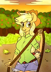 Size: 1024x1448 | Tagged: safe, artist:kaikururu, derpibooru import, applejack, anthro, apple, apple tree, cute, eye clipping through hair, female, hat, jackabetes, rope, smiling, solo, sweet apple acres, tree