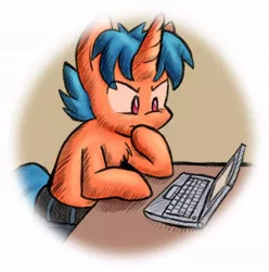 Size: 928x934 | Tagged: safe, artist:zutcha, derpibooru import, oc, oc:mystic rune, unofficial characters only, pony, unicorn, fanfic, fanfic:founders of alexandria, fanfic:the last pony on earth, ponies after people, chest fluff, clothes, computer, fanfic art, hooves, horn, illustration, laptop computer, male, shorts, solo, stallion, thinking