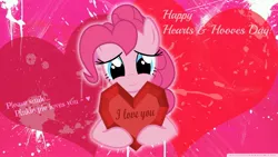 Size: 1920x1080 | Tagged: safe, artist:galekz, artist:hatsunepie, derpibooru import, pinkie pie, earth pony, pony, cute, female, heart, hearts and hooves day, hoof hold, i love you, love, mare, smiling, solo, valentine, valentine's day card, wallpaper