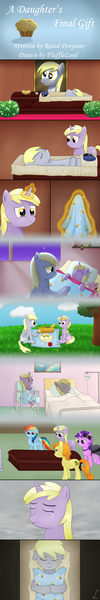 Size: 1000x6000 | Tagged: safe, artist:flufflelord, derpibooru import, amethyst star, boneless, carrot top, derpy hooves, dinky hooves, golden harvest, rainbow dash, pegasus, pony, bittersweet, blanket, casket, clothes, coffin, comic, crying, dead, death, dress, equestria's best daughter, equestria's best mother, feels, female, flashback, funeral, hat, mailmare hat, mare, memories, muffin, older, sad