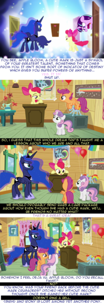 Size: 640x1867 | Tagged: alternate ending, apple bloom, balloon rainbow dash, bloom and gloom, comic, cutie mark crusaders, derpibooru import, implied twist, nyan dash, princess luna, psyga's alternate pony scenes, rainbow dash poster, safe, scootaloo, starlight glimmer, sweetie belle, twist