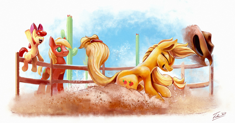 Size: 1500x786 | Tagged: safe, artist:tsitra360, derpibooru import, apple bloom, applejack, big macintosh, earth pony, pony, apple siblings, cactus, cheering, dust, eyes closed, female, fence, filly, gritted teeth, male, mare, rodeo, saguaro cactus, siblings, stallion